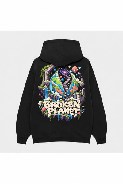 SVART WEAR Μαύρο φούτερ με κουκούλα Broken Planet με τύπωμα «Sonsuz Döngü»