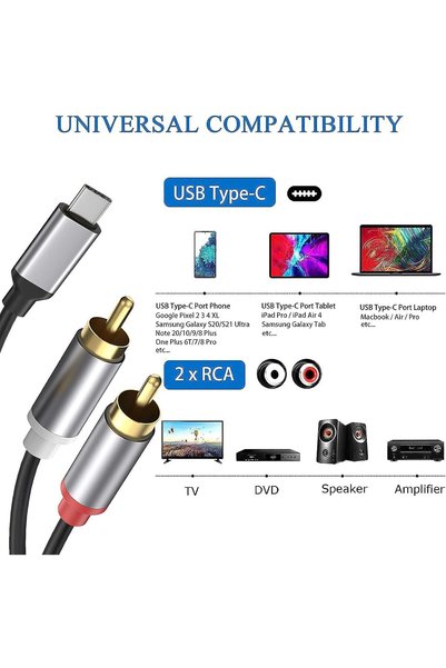 KOOPAO كابل صوتي من نوع USB-C إلى 2 منفذ RCA، طوله 3.3 قدم، من النوع C إلى RC...