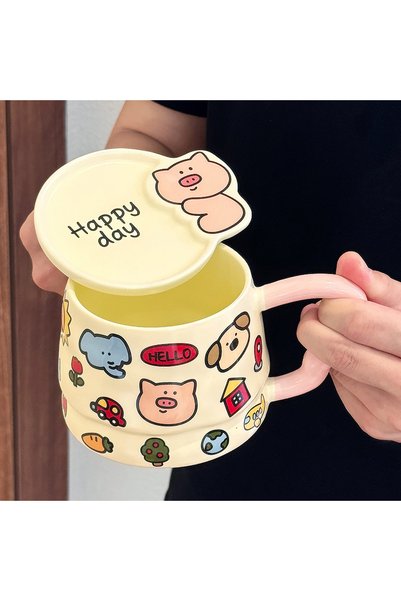 Generic Brand كوب سيراميك بغطاء برسومات حيوانات أليفة لطيفة، مناسب للمكتب وال...
