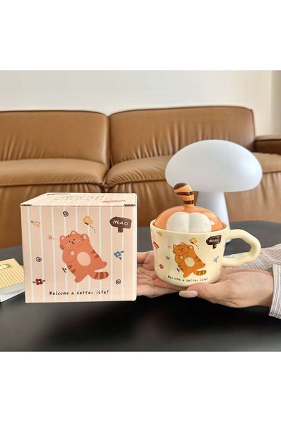 Generic Brand كوب سيراميك على شكل ذيل قطة مع غطاء وملعقة، مناسب للقهوة والحلي...