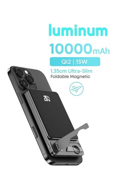 luminum باور بانك فائق النحافة بسعة 10000 مللي أمبير، معتمد بتقنية Qi2، شحن ف...