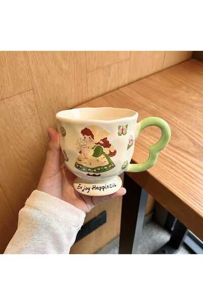 Generic Brand كوب قهوة سيراميك مزدوج مع غطاء وملعقة للإفطار