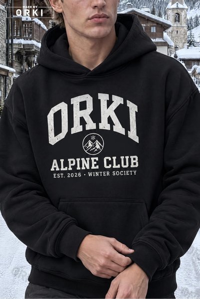EFFRENATU Alpine Club Mountain-Themed Printed Black Unisex Oversized Hoodie.