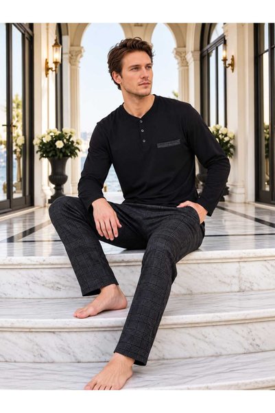 Pijamoni Men's Long-Sleeved 100% Cotton Plaid Soft Pajama Set.