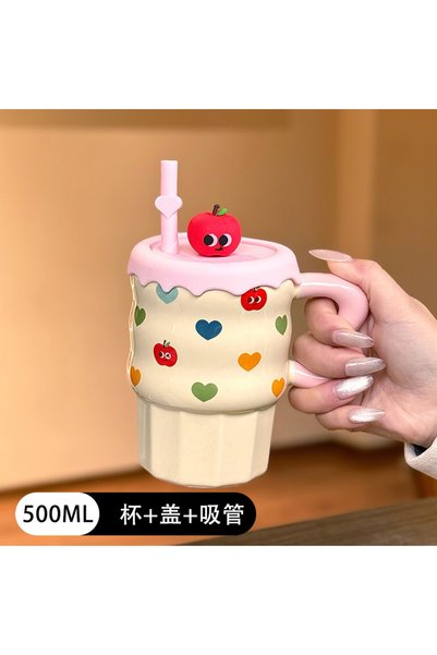 Generic Brand كوب قهوة سيراميك على شكل تفاحة لطيف مع غطاء وقش سيليكون، كوب قه...