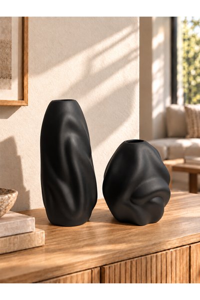 ŞURA MUTFAK Set de 2 vaze din ceramică cu model de valuri Set de 2 vaze din c...