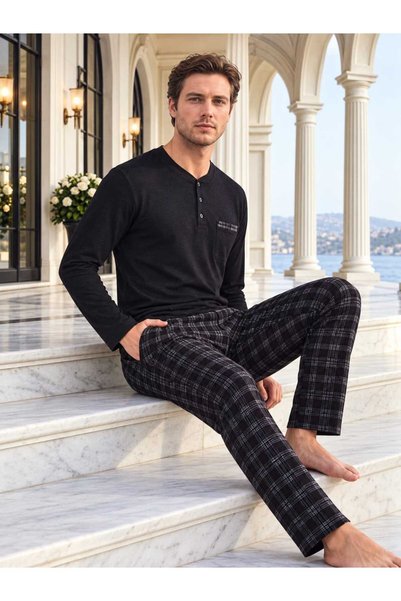 Pijamoni Men's Long-Sleeved 100% Cotton Plaid Soft Pajama Set.
