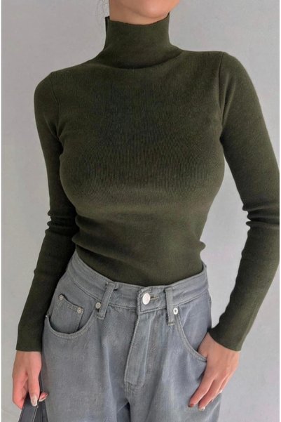 Buteks Khaki Green Unisex Premium Cotton Turtleneck Ribbed Knit Slimfit Pullo...