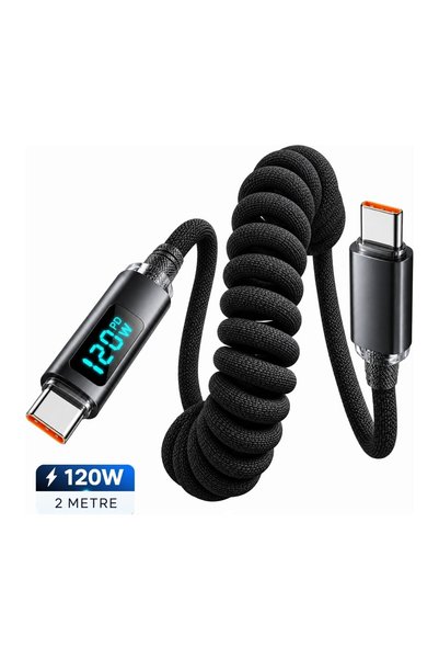 Lunatic 6460 Type C Hızlı Telefon Şarj Veri Kablosu 120W Type C Yaylı Spiral Dijital Ekranlı 2 Metre