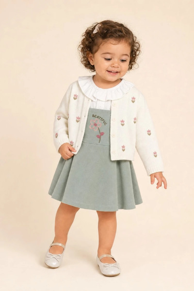 NOBLEKIDS Sweetme Baby Girl Floral Embroidered Velvet 3-Piece Set, Green.
