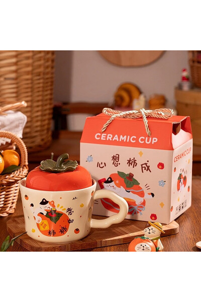 Generic Brand كوب قهوة سيراميك على شكل قطة مع غطاء، تصميم إبداعي على شكل فاكه...
