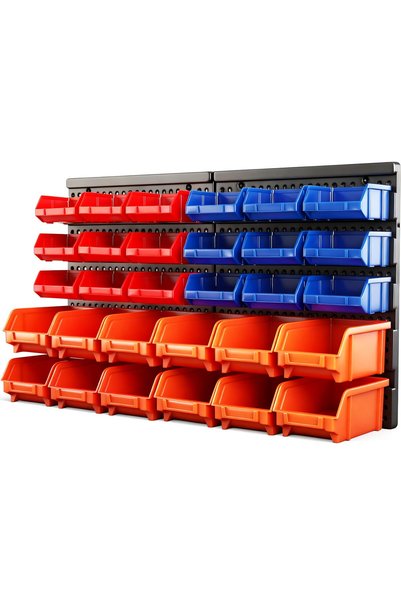 HORUSDY Wall Mounted Storage Bins Parts Rack 30PC Organizer Garage Plastic Sh...
