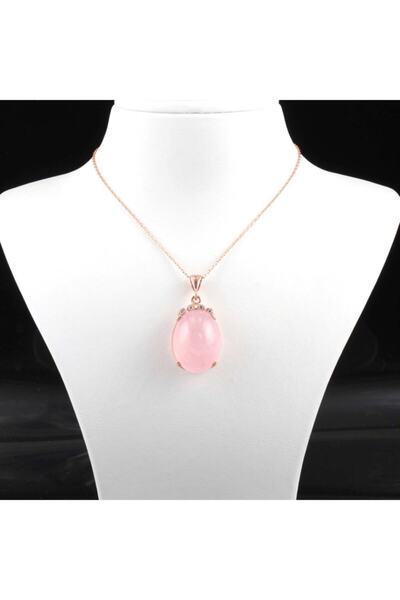 Haşimi Doğaltaş Pembe Kuvars Doğal Taşlı Gümüş Kolye
