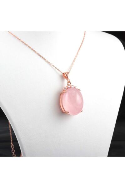 Haşimi Doğaltaş Pembe Kuvars Doğal Taşlı Gümüş Kolye