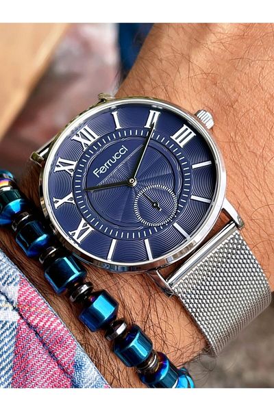 Ferrucci Silver Color Navy Blue Dial Straw Men's Wristwatch Hematite Natural Stone Bracelet