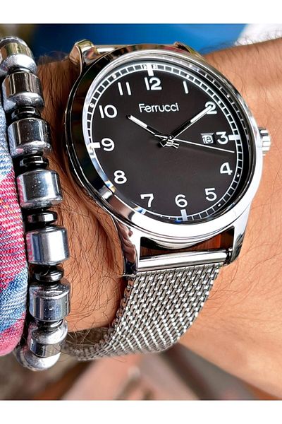 Ferrucci Silver Color Black Dial Classic Men's Wristwatch Hematite Natural Stone Bracelet