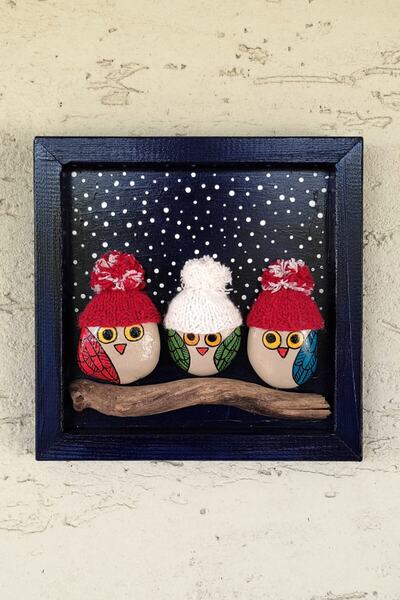 Binbir Trend Taş Boyama Tablo Baykuş Duvar Süsü Renkli Baykuşlar, Kış Temalı Duvar Dekoru Gb-010