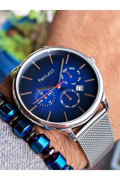 Ferrucci Silver Color Navy Blue Dial Classic Men's Wristwatch + Hematite Natural Stone Bracelet
