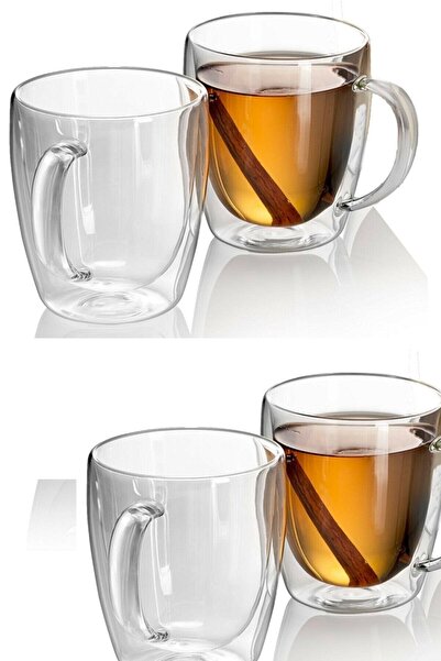 Asil Konsept 4 Adet 350 Ml Çift Cidarlı Cam Çay Kahve Meşrubat Kupa Çift Caml...
