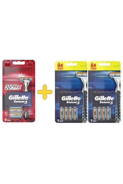 Gillette Sensor3 Shaver Red Edition + 6 Spare Razor Blades + Sensor3 16-Piece Razor