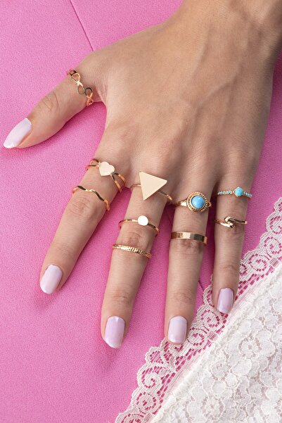 Sortie Aksesuar Mavi Taş Detaylı Kalp Ve Sonsuzluk Figürlü 10'lu Yüzük Kombin...