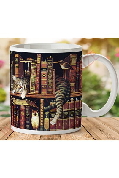 ART HEDİYE Book And Cat Two Sided Printed Mug Cup