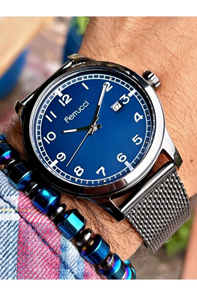 Ferrucci ساعة يد رجالية كلاسيكية من القش باللون الكحلي المدخن + هدية سوار من ...