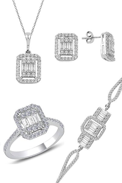 Söğütlü Silver Gümüş Rodyumlu Baget Taşlı Dörtlü Set Sgtl10955