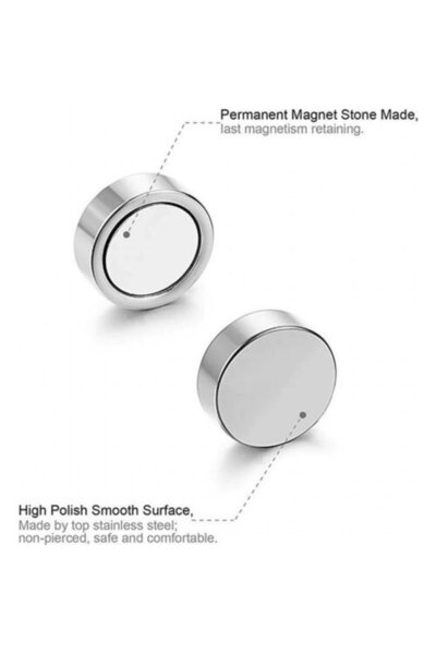 Market66 Silver Gray Color Flat Round Magnet Men's Single Earring 8mm Magnet Steel Magnetic