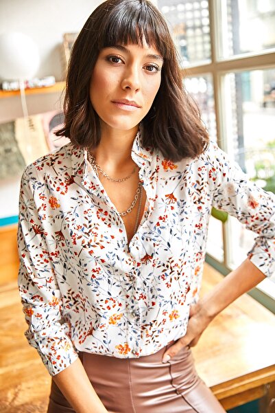 Olalook Női fehér narancssárga apró színes virágos szőtt viszkóz ing GML-19000911