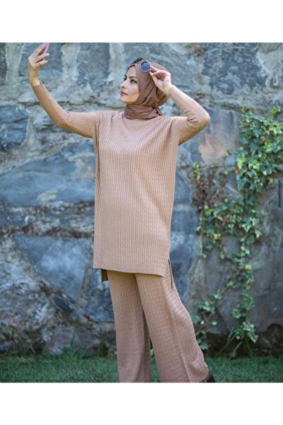 MODAMÜNASİP طقم بنطال وسترة مزدوجة بتفاصيل جديلة شعر بيج رائعة