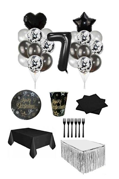 Dipak Siyah/gümüş Renk 7 Yaş Doğum Günü Seti 16 Kişilik