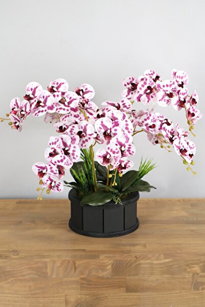 Yapay Çiçek Deposu Dekoratif Ahşap Saksıda 7 Dal Orkide Tanzimi Mor Benekli Mor