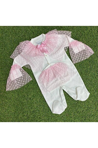 Sönmez Baby Gelinlik Puanlı Dantel Şapka Ve Tulum Kız Bebe Takımı
