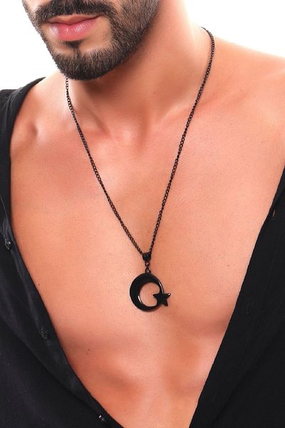 LABALABA Men's Black Oxide Plated Moon & Star Symbol Pendant Necklace