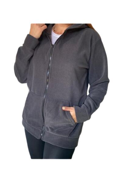 eLm Kadın Gri Fermuarlı Kapüşonlu Cepli Polar Mont