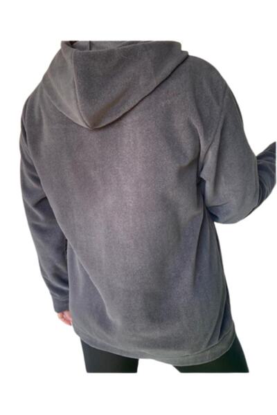 eLm Kadın Gri Fermuarlı Kapüşonlu Cepli Polar Mont