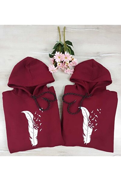 giyinbizden Μπορντό Φλις Πουλόβερ - Σχέδιο Ζευγαριού για Ερωτευμένους