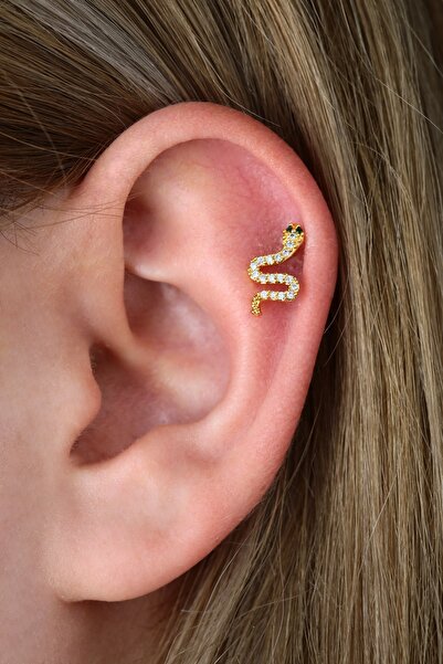 Vilma Aksesuar Cerrahi Çelik Taşlı Yılan Helix Piercing Gold Renk (8mm)