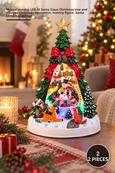 Yenilig Set of 2 Musical, Moving LED-Lit Santa Claus Sleigh Christmas Trees a...