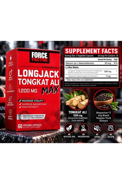 force factor لونج جاك تونغكات علي، الجرعة القصوى 1200 ملغ، 60 كبسولة نباتية -...