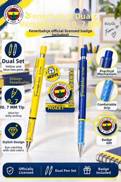 Fenerbahçe Licensed Versatile Pen 0.7 Dual-Tip Pen Set with Bag Charm and Pin...