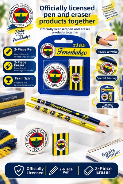 Fenerbahçe مجموعة أقلام رصاص مزدوجة مرخصة، ومجموعة ممحاة مزدوجة، وممحاة لا تت...