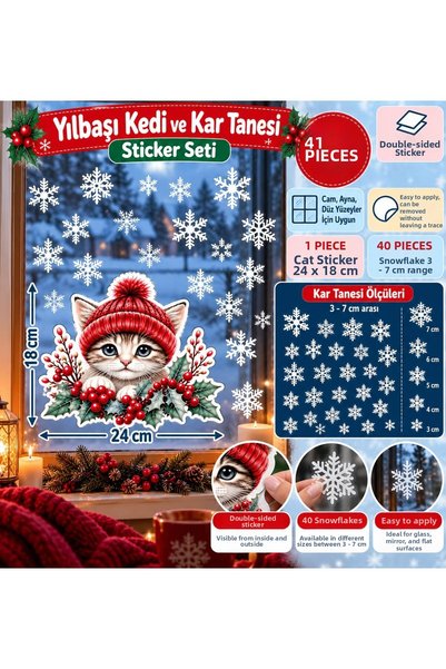 Buki'nin Atölyesi Reversible New Year's Cat and Snowflake Glass Sticker Set –...