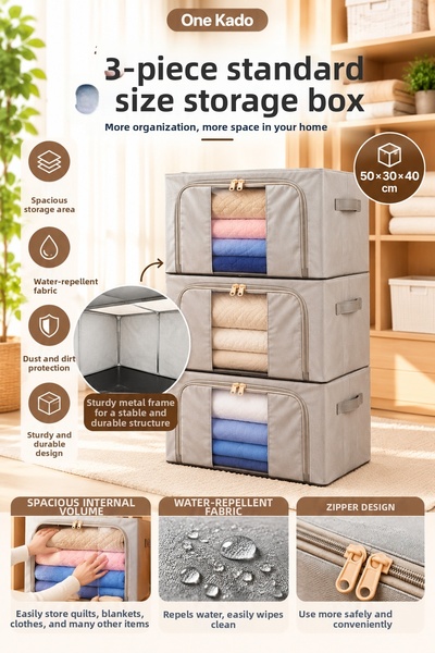 ONE KADO Set of 3 Standard-Size Multipurpose Storage Boxes, 50x40x30 cm, Meta...
