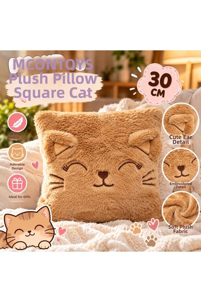 Moontoys Checked Pillow with Plush Cat Design, 30 cm, Brown