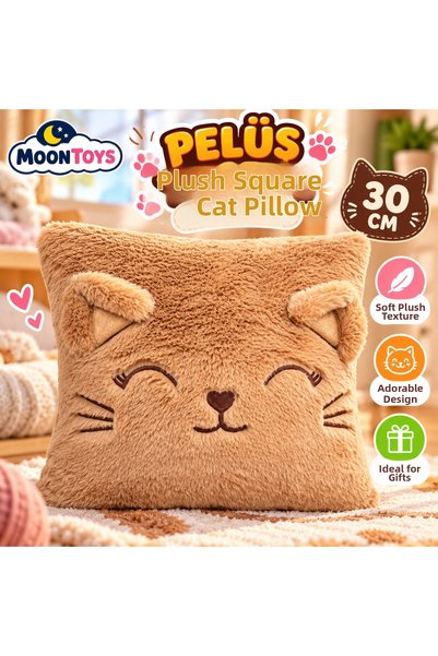 Moontoys Checked Pillow with Plush Cat Design, 30 cm, Brown