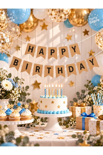 Parti Dükkanı Kraft Black Happy Birthday Banner – Natural Kraft Cardstock wit...