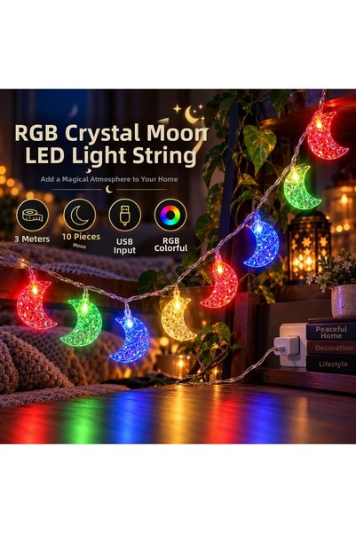Coverzone Set of 10 Crystal Moon-Shaped RGB LED String Lights, 3 Meters, with...