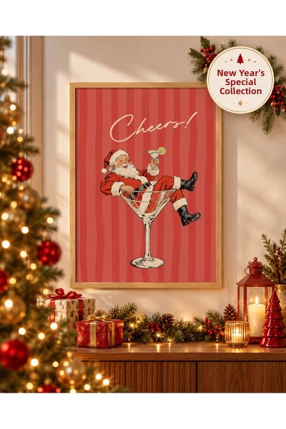 NT Handmade New Year's Painting: Framed Santa Claus with "Cheers" Retro Desig...